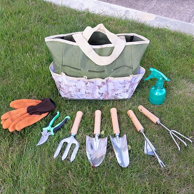 BlingKingdom 9-Piece Garden Tools Set Stainless Steel Gardening Hand Tool Kit with Tote Bag Easy Storage Perfect Gardening Gifts for Beginners Women and Men