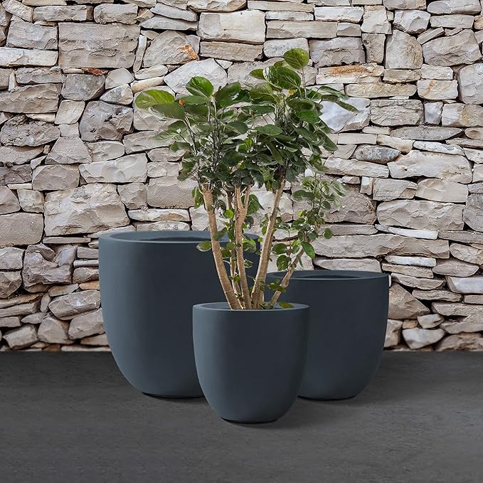 Kante 2016.513.4 Dia Round Concrete Planters (Set of 3) Outdoor Indoor Modern Decorative Plant Pots with Drainage Hole &amp Rubber Plug for Home &amp Garden Charcoal