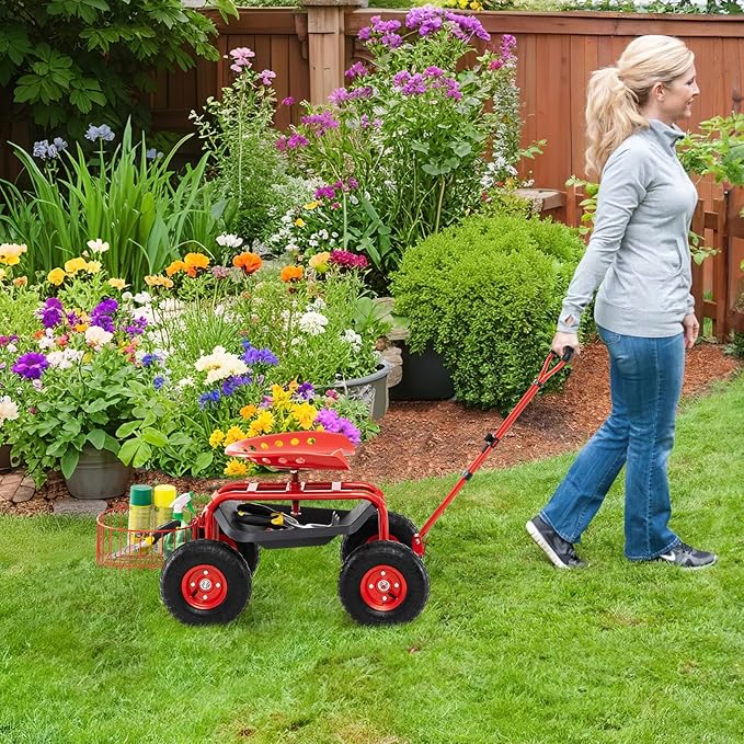 Garden Seat with Wheels Rolling Stool with Extendable Handle Storage Basket &amp Tool Tray Garden Scooter with 360 Degree Swivel Seat for Outdoor &amp Yard (Red)