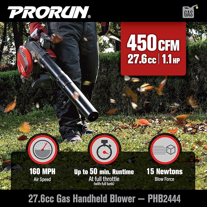 PRORUN 27.6cc 450 CFM 160 MPH Gas-Powered 2-Cycle Handheld Leaf Blower PHB2444