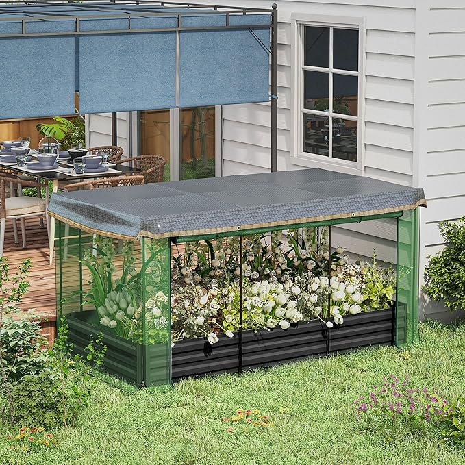 Outsunny 7.3 x 3.4 x 1 ft Galvanized Raised Garden Bed with Crop Cage Plant Protection Net and Shade Cloth Roof Metal Planter Box with Cover for Vegetables Flowers Herbs Dark Gray