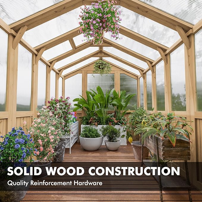 Restland 6x8 FT Wood Greenhouse for Outdoors Reinforced Frame Walk-in Greenhouses with Adjustable Roof Vents &amp Lockable Door Polycarbonate Green House for Outside
