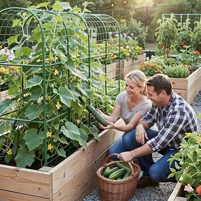 Housolution Cucumber Trellis for Raised Bed 67×48 U-Shape Garden Trellis for Climbing Plants Outdoors with 2×3m Net for Tomato Squash Zucchini Peas Beans Grape Fruit Flowers Green