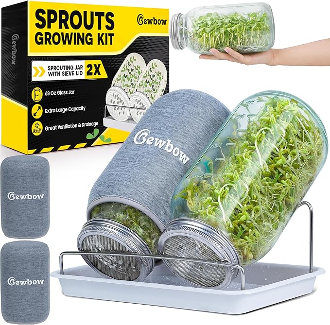 [LARGE SIZE] 2000ml(68oz) Seed Sprouting Mason Jar Kit with StandDrain Tray Screen LidsBlackout SleevesGood Ventilation &amp Drainage CapacityGrowing Fresh Organic Mung BeansBroccoli &amp Micr