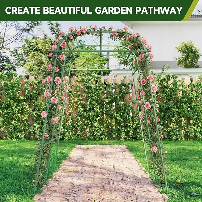 HIRALIY Garden Arch Trellis for Climbing Plants 6.3ft Tall Heavy Duty Metal Cucumber Trellis Rustproof Plant Support Tunnel for Tomato Grape Bean Raised Bed and Vegetable Gardens Green