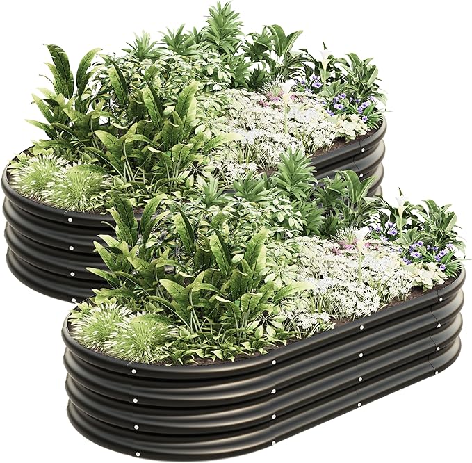 4x2x1ft-2pcs-Oval Raised Garden Bed Kit Galvanized Planter Garden Boxes Outdoor Metal Raised Garden Beds for VegetablesFruits FlowerBlack