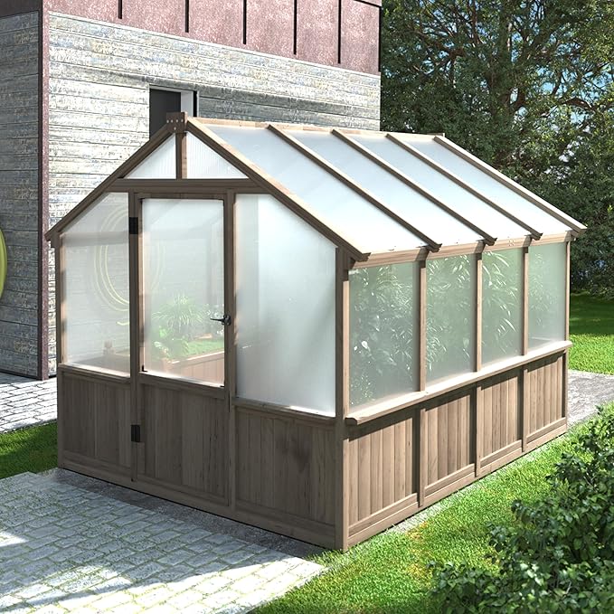 VEIKOU 8’x8’ Greenhouses for Outdoors Walk-in Wood Greenhouse with Cedar Frame &amp Adjustable Vents Garden Green House with 6MM Thick Polycarbonate Panel for Outside Backyard Light Brown Mocha