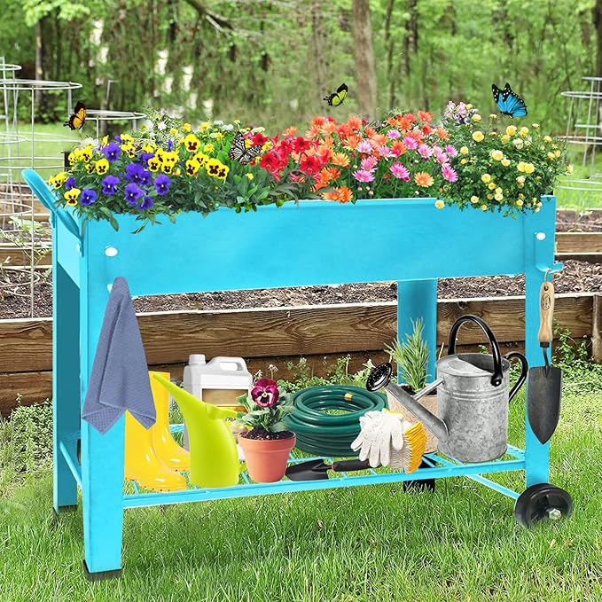 Raised Planter Box Beds with Wheels Legs Elevated Garden Bed for Indoor Outdoor Large Metal Mobile Planter Box with Bottom Shelf for Storing Tools for Vegetables Flower Herb Patio(Blue)
