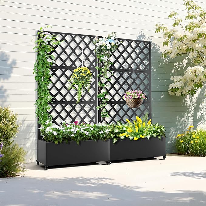 Metal Planter Box with Trellis &amp Wheels Raised Garden Bed with Privacy Screen Outdoor Standing Flower Beds with Drainage Hole for Climbing Plants Vine 35.4 L x 15.7 W x 70.9 H Black