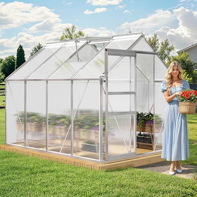 YITAHOME 6x8FT Polycarbonate Greenhouse Heavy Duty Green Houses Outdoor Aluminum Greenhouses with Sliding Doors Vent Window Walk-in Greenhouse Large Sun House for Garden Backyard Matte Silver
