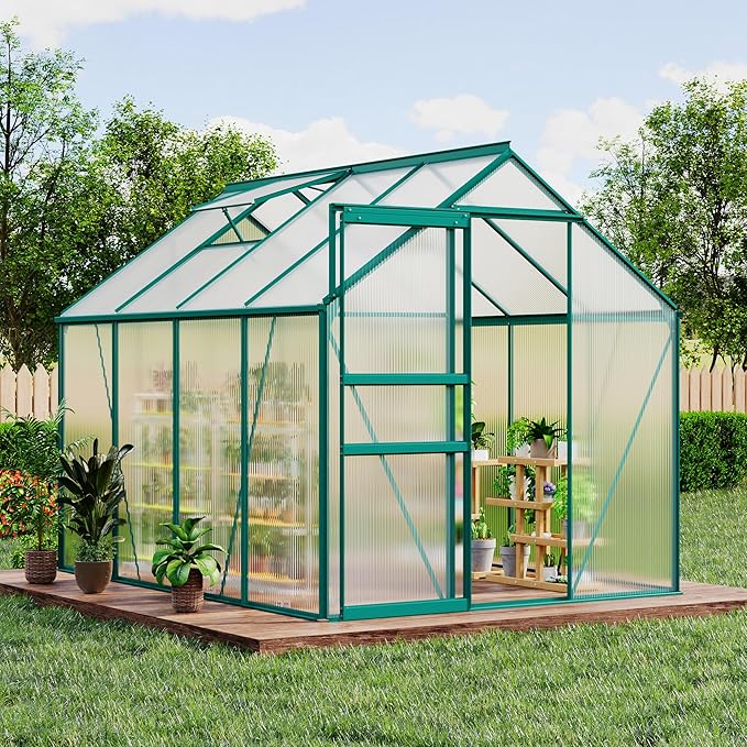 CABIHOME 6 x 6 FT Greenhouses for Outside Polycarbonate Greenhouse with Aluminum Frame Sliding Door Adjustable Roof Vent Backyard Green Houses Patio Garden Black (Green 6x8 FT)