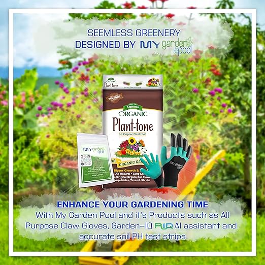 Espoma PT18 Organic Plant-Tone 5-3-3 18 lb. Bag with My Garden Pool PH Soil Test Strips 20 ct and Superior Gardening Claw Gloves and Garden-IQ Smart Gardening AI Assistant!