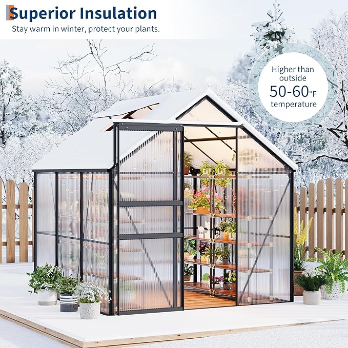 GarveeHome 6x6FT Greenhouse Large Walk-in Polycarbonate Greenhouse with Adjustable Vent Window Sliding Door Portable Green House Kit for Outdoors Winter