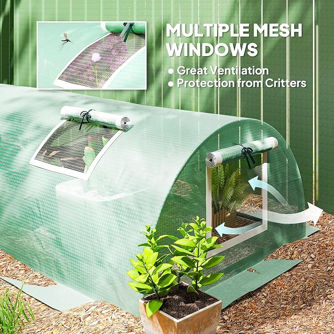 Outsunny 10' x 3' x 2' Mini Greenhouse with 5 Mesh Windows Portable Plant Hot House with PE Cover Steel Frame for Garden Backyard Green