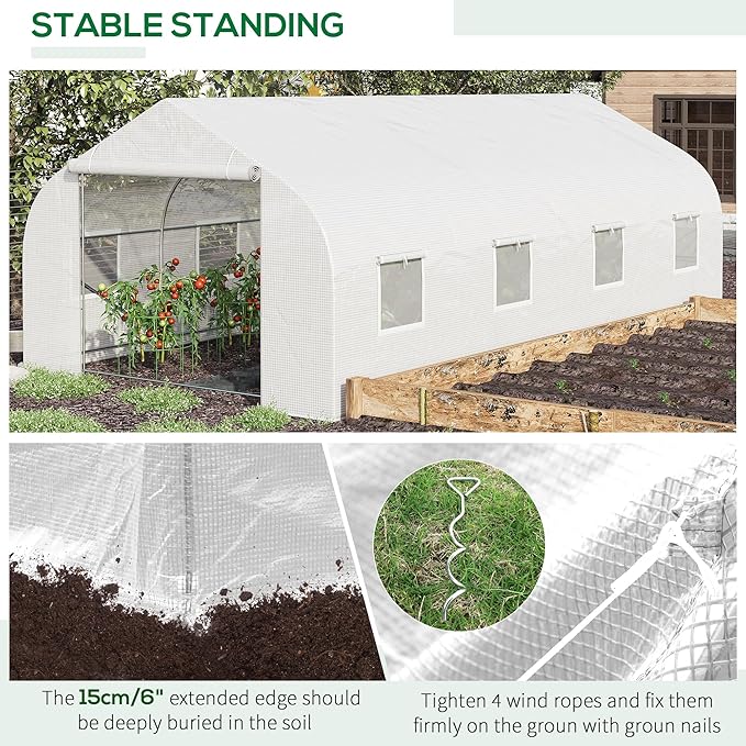 Outsunny 20' x 10' x 7' Tunnel Greenhouse Large Walk-in Warm House Deluxe High GardenHot House with 8 Roll Up Windows &amp Roll Up Door Steel Frame White