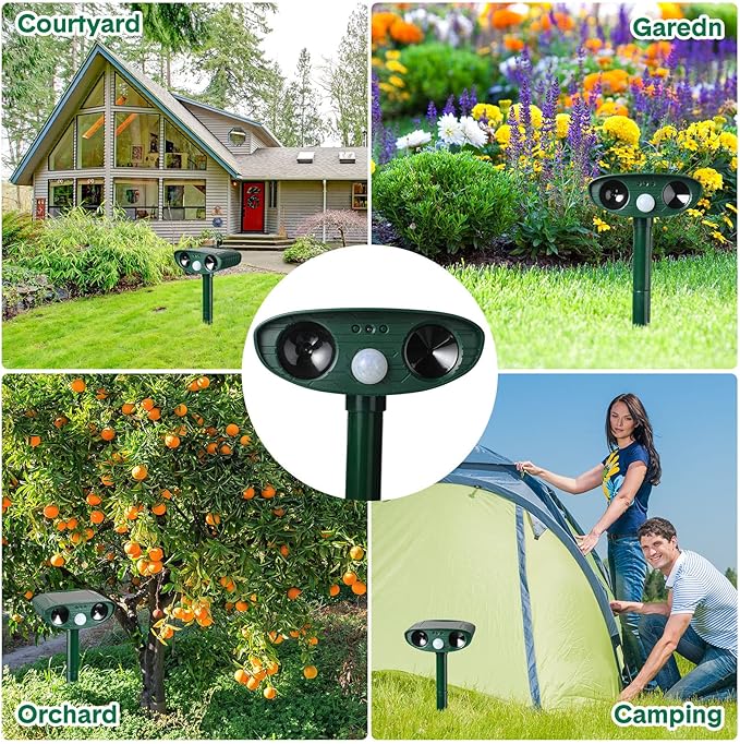 Ultrasonic Animal Repeller Outdoor Solar Ultrasonic Repellent Animal Deterrent with Motion Sensor Waterproof Deterrent Scarer Repel Cat Dog Squirrel Raccoon Skunk Rats (Green4 Pack)