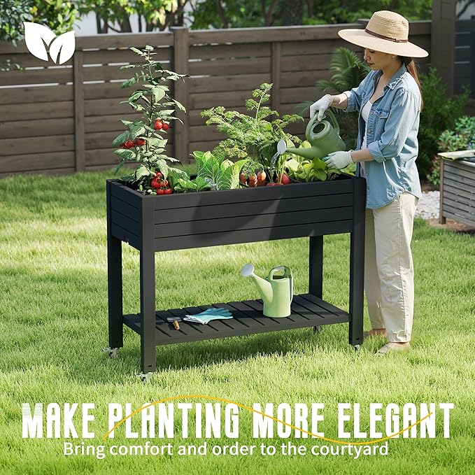 EasyUp 21 Gallon Raised Garden Bed with Legs and Wheels Raised Planter Box with Drainage Plug and Gauge Lower Shelf for Tools and Accessories Dust-Proof Resin for Patio and Backyard(Black)