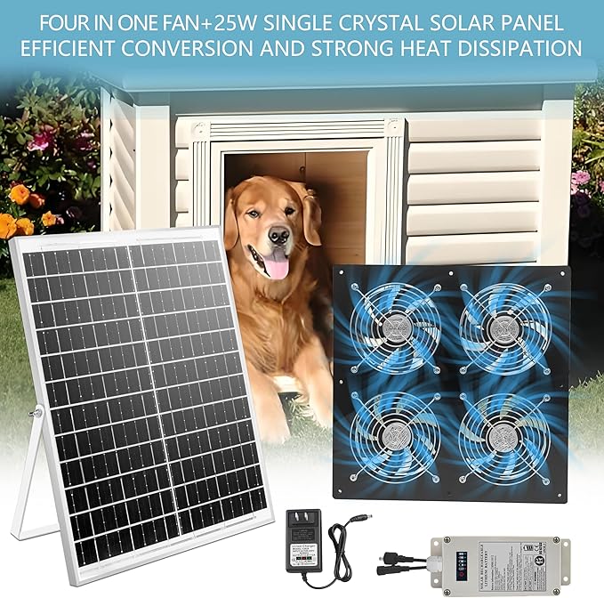 Solar Exhaust Fan for Greenhouse Solar Chicken Coop Fan with 25W Solar Panel &amp 4 Pcs High-Speed Brushless DC Ventilation Fans for ShedAtticsBarnsDog Houses with 6000mAh Battery