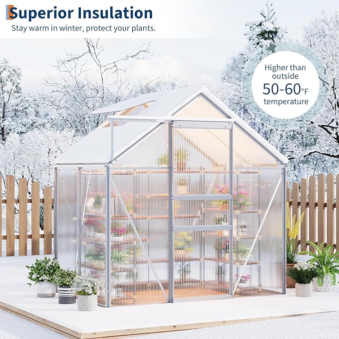 6x4FT Greenhouse for Outdoors Walk-in Polycarbonate Greenhouse with Sliding Door Adjustable Roof Vent &amp Gutter System Portable Outdoor Green House Kit for Winter Gardening