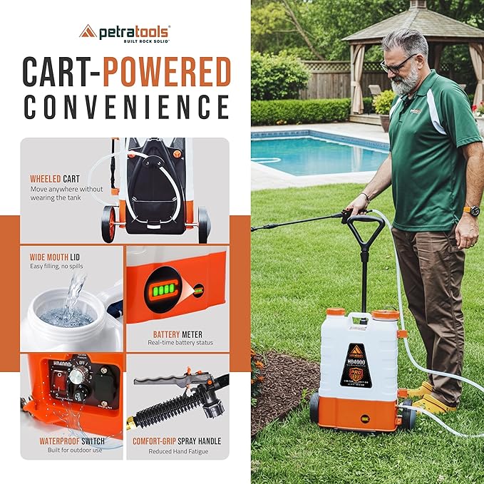PetraTools Battery Powered Backpack Sprayer 4 Gallon - 8 Hours Long Battery Life &amp Padded Straps for Comfort - HD4000 Electric Backpack Garden Sprayer with 9 Spray Nozzles (HD4000 ProSeries with C