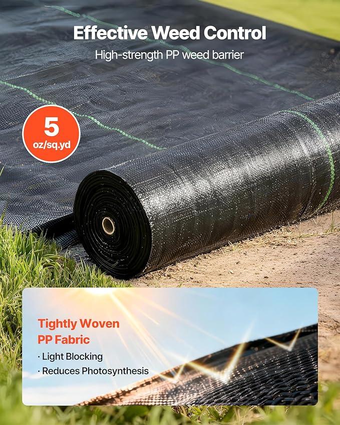 VEVOR Weed Barrier Fabric Heavy Duty 6x250FT 5oz Landscape Fabric Woven Weed Blocker Fabrics Garden Fabrics Weeds Barrier Weeds Control Ground Cover Geotextile Webbing Gardening Mat Black