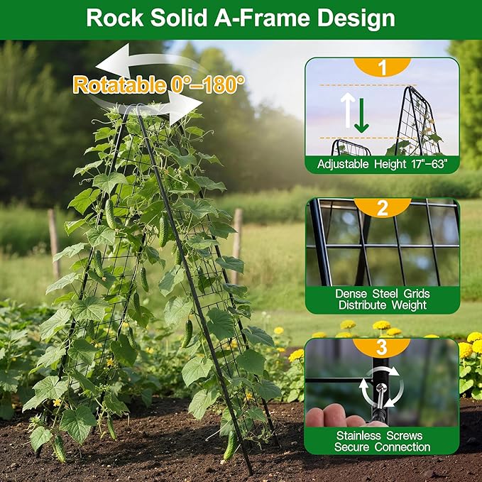 WAENLIR 63x17inch Cucumber Trellis Tomato cage with Dense Steel Grid–A-Frame Heavy Duty Metal Trellis for Raised Beds Cattle Panels for Garden Trellis for Climbing Plants Outdoor (Black 63x17inch)