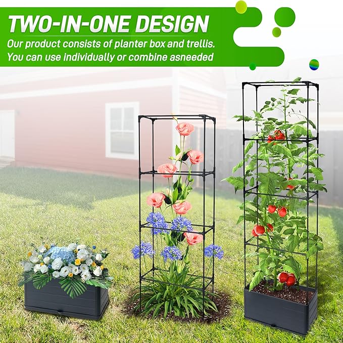 2 Packs Raised Garden Bed Tomato Planter Box with Trellis 55.2 Self-Watering Tomato Cage with Rectangular Trellis for Climbing Plants Flowers Vegetables Vine in Patio Garden Indoor Outdoor