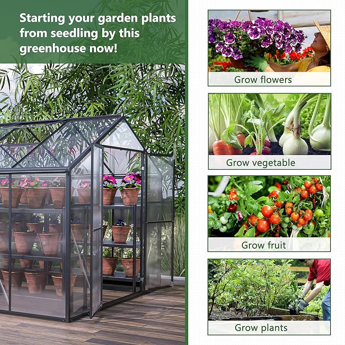 Heavy Duty Aluminum Greenhouse for Outdoor Winter Walk-in Polycarbonate Garden Greenhouse Kit with Base Adjustment Roof Vent Sliding Door Rain Gutter 2 Gloves Free Assembly Tools (8x12)