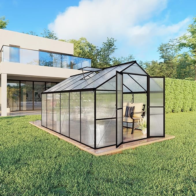 8X12 FT Polycarbonate Greenhouse 6 FT Height Aluminum Large Green Houses for Outside Heavy Duty Quick Setup Walk in Greenhouses with 2 Roof Vent and Rain Gutter for Outdoor Black (143Wx96Dx77H)