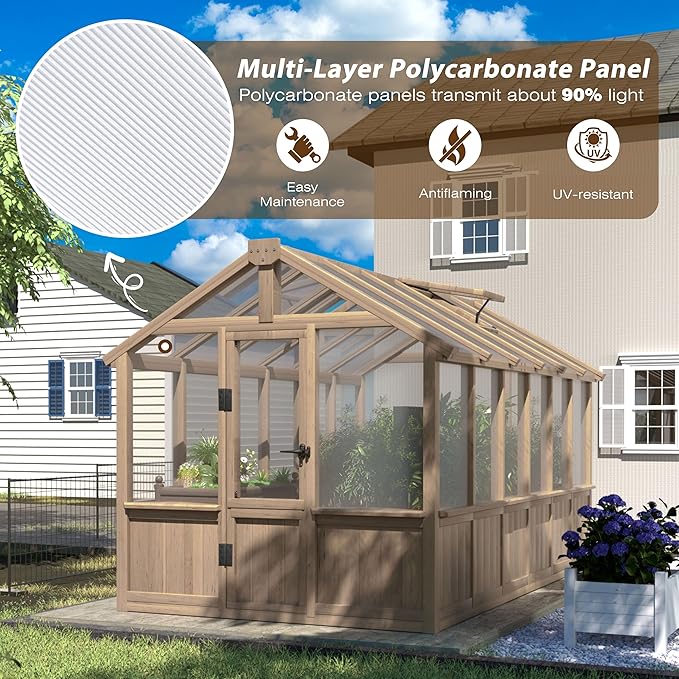 VEIKOU 6' x12' Greenhouses for Outdoors Wooden Greenhouse with Cedar Frame &amp Adjustable Vents  Wood Green House with 6MM Thick Polycarbonate Panel for Garden Backyard Light Brown Mocha