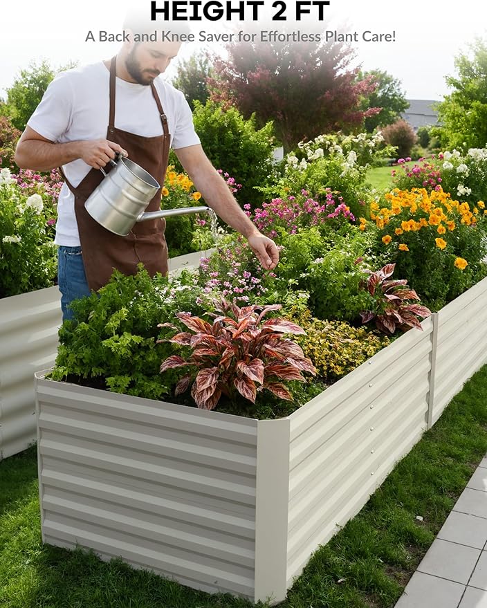 OUTLANE 2 Pack 8x4x2 ft Galvanized Raised Garden BedOutdoor Planter Box Metal Patio Kit Planting BedRust-Resistant Raised Garden Beds for Vegetables Flowers and SucculentsBeige