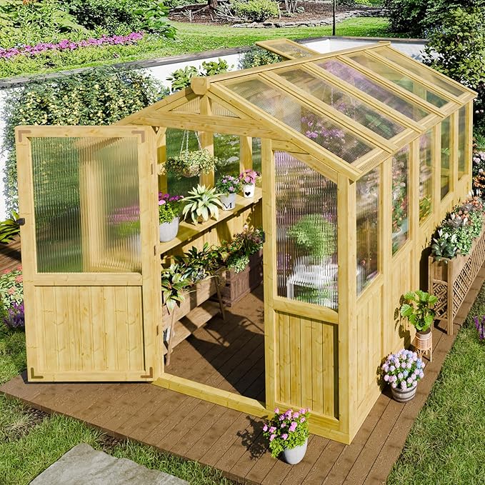 6x8 FT Wood Greenhouses for Outdoors Heavy Duty Outdoor Greenhouse Kit with Adjustable Roof Vent and Reinforced Panels Walk in Polycarbonate Greenhouse for Outside Backyard Garden Yard Natural