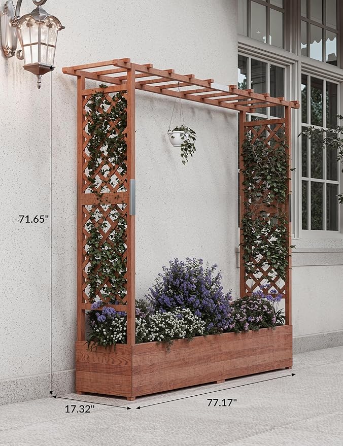 Large Raised Wooden Planter with Arch &amp Side Trellis – Freestanding Garden Bed for Climbing Plants Vines &amp Flowers – Hanging Roof 4 Drainage Holes – Outdoor Patio Planter – Size: