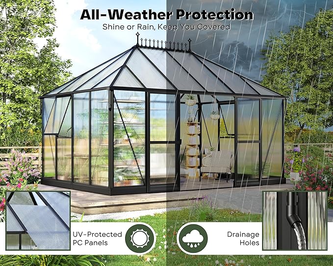 14×9.7×10 FT Greenhouse for Outdoors with 6 ft Double Swing Door &amp 2 Vents Heavy Duty Green House with Aluminum Frame for Outside Patio Backyard Garden
