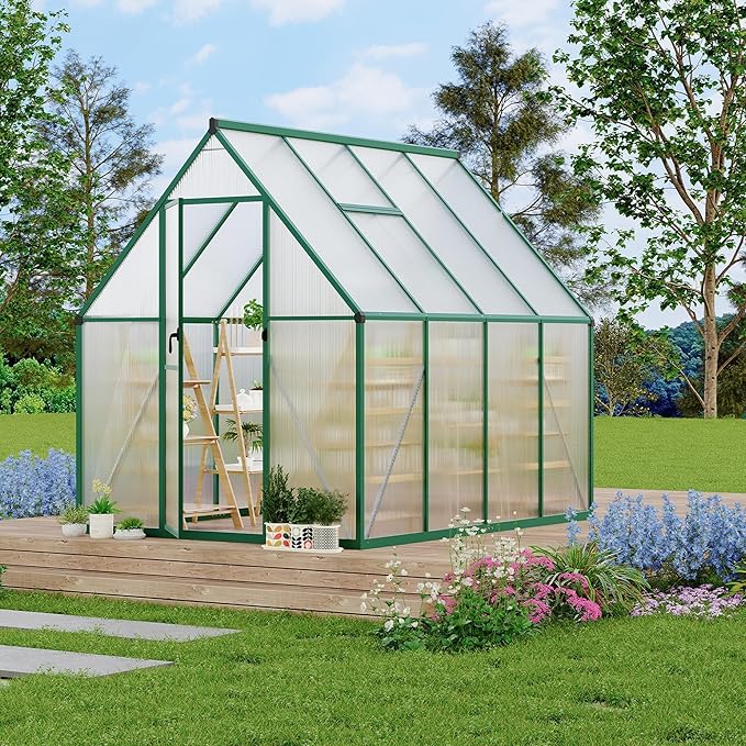 6x7 ft Heavy Duty Polycarbonate Walk-in Greenhouse with Reinforced Aluminum Frame Adjustable Roof Vent and UV Protection Panels for Outdoor Backyard Gardening and Year-Round Plant Care