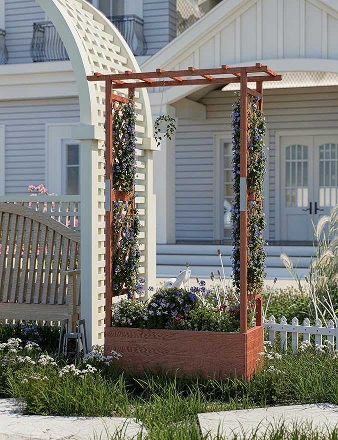 72 Wooden Raised Garden Bed with Trellis - Elevated Planter Box with Hanging Roof 2 Side Trellises &amp 4 Drainage Holes - Freestanding for Climbing Plants Vines Vegetables -Patio Balcony Backy