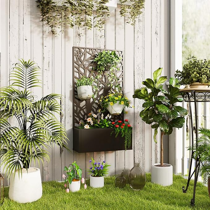 Outsunny Metal Raised Garden Bed with Trellis for Climbing Plants Freestanding or Wall Mounted Flower Bed with Privacy Panel Two Big Tree Cut-Outs Outdoor Planter Box for Garden Patio Balcony