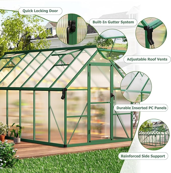 8x14 FT Outdoor Greenhouse Polycarbonate Greenhouse with Roof Vent and Ground Nails Aluminum Large Walk-in Green House w/Lockable Push Door for Outside Garden Backyard (8x14 FT)