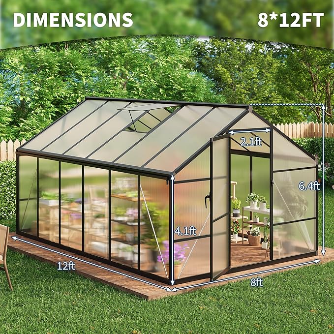 8X12FT Outdoor Greenhouse Aluminum Polycarbonate House Green Houses for Outside with Sliding Doors Ajustable Roof Vent Withstands Bad Weather for Garden or Backyard Black