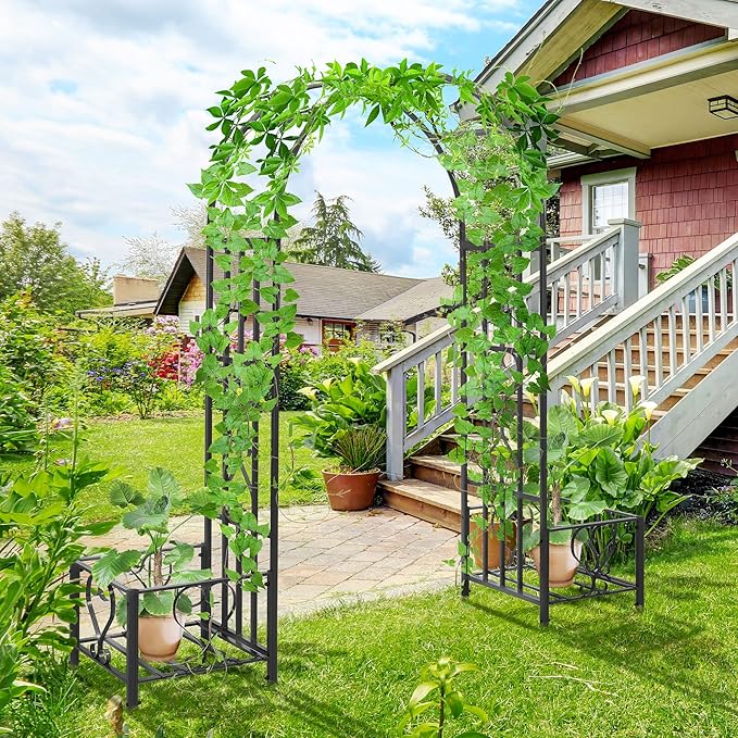 6.7' Steel Garden Arch with Scrollwork Hearts Planter Boxes for Climbing Vines Ceremony Weddings Party Backyard Lawn Dark Gray YG741