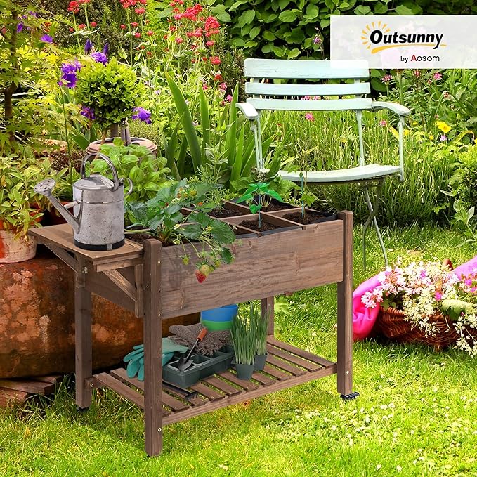 Outsunny Raised Garden Bed with 8 Grow Grids Wooden Outdoor Plant Box Stand with Folding Side Table and Wheels 49 x 21 x 34 for Vegetables Flowers Herbs Brown