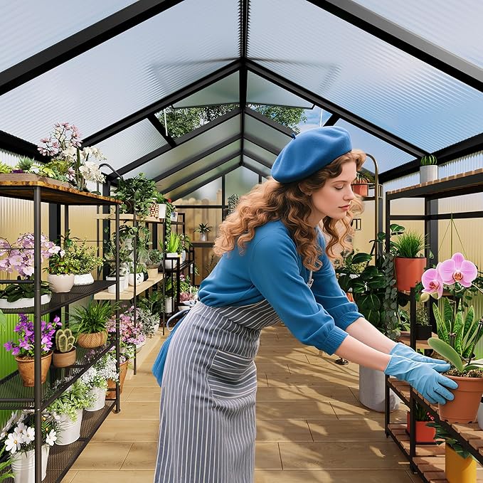 8X12 FT Greenhouse for Outdoors Large Walk-in Polycarbonate Greenhouse Kit Aluminum Frame Lockable Door Roof Vent Ground Spikes for Garden Patio Backyard Outdoor Plant Growth