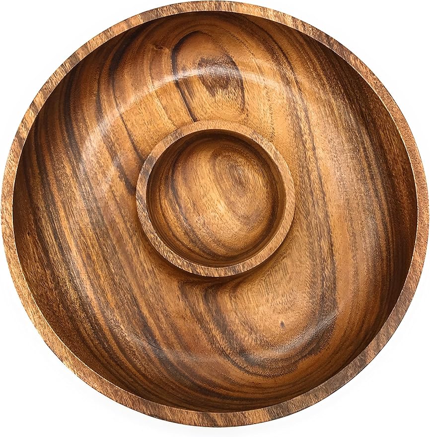 Handcracfted Acacia Wood Chip and Dip Specialty Salsa Bowl Plate Tray 10' D x 1.5 Thick