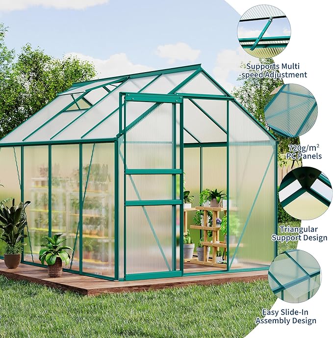CABIHOME 6 x 6 FT Greenhouses for Outside Polycarbonate Greenhouse with Aluminum Frame Sliding Door Adjustable Roof Vent Backyard Green Houses Patio Garden Black (Green 6x8 FT)