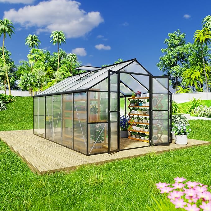 8 x 12 FT Outdoor Greenhouse Heavy-Duty Polycarbonate Greenhouse with Aluminum Frame Lockable Door Adjustable Roof Vent Walk-in Green House for Backyard Garden Patio