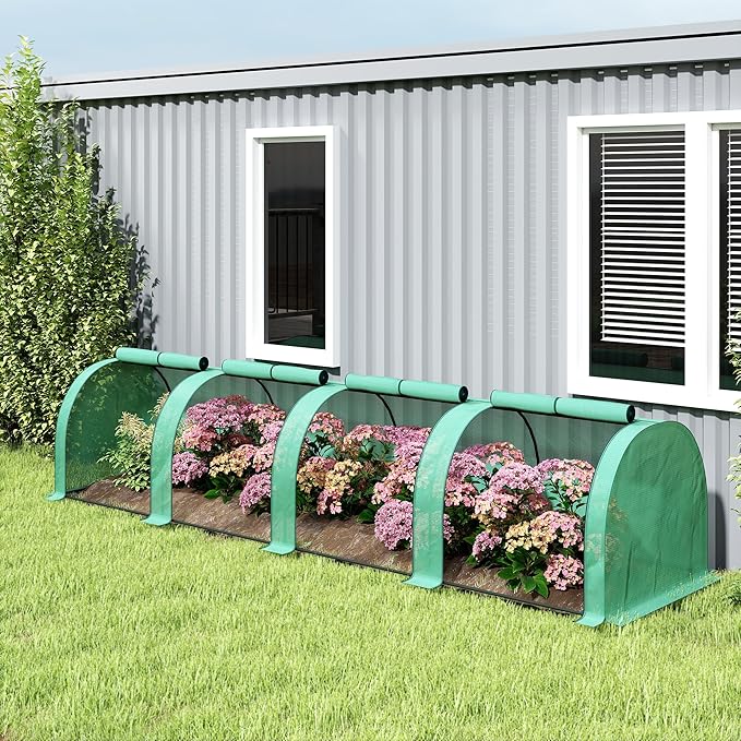 Outsunny 13' x 3' x 2.5' Mini Greenhouse Portable Tunnel Green House with Roll-Up Zippered Doors UV Waterproof PE Cover Steel Frame Green