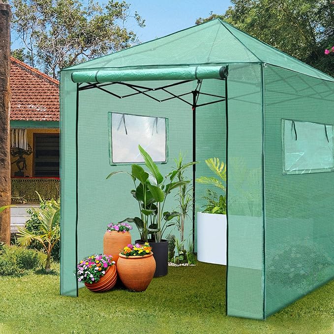 PexFix 8'x 8' Portable Walk-in Greenhouse Easy Setup Indoor/Outdoor 2 Roll-Up Mesh Windows Roll-Up Zipper Door Green