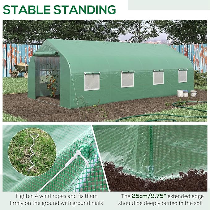 Outsunny 20' x 10' x 7' Walk-in Greenhouse Tunnel Green House with Zippered Mesh Door and 6 Mesh Windows Gardening Plant Hot House with Galvanized Steel Frame Green