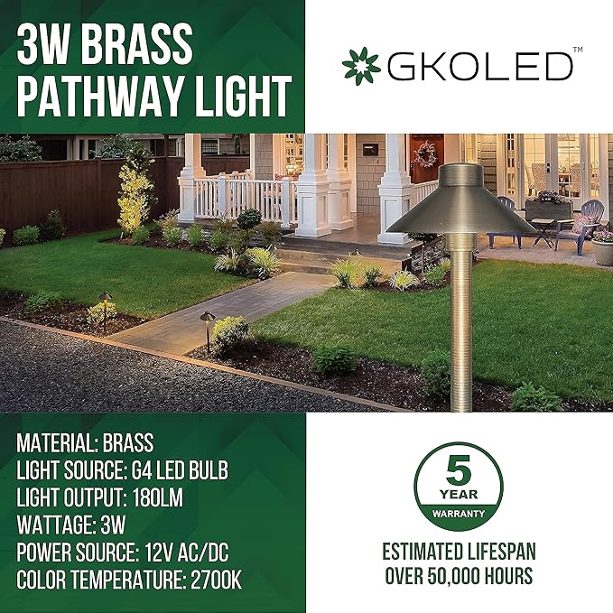 GKOLED 4 Pack Mini Brass Landscape Spotlights (MR8 Bulbs Included) with 2 Pack Brass Landscape Path Lights (G4 Bulbs Included) with 1 Pack 120W Low Voltage Transformer