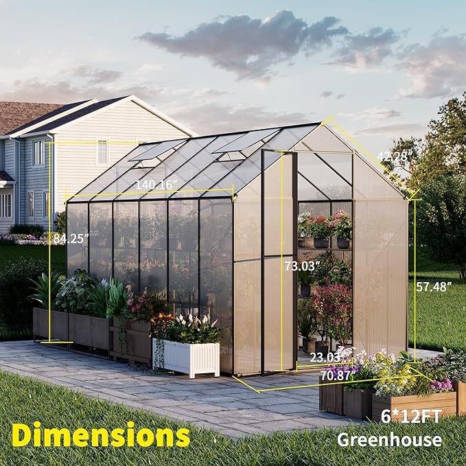 Kingdura 6x12ft Walk-in Greenhouse for Outdoors Large Polycarbonate Greenhouses with Heavy Duty Aluminum Frame Adjustable Roof Vent Lockable Door UV Protection for Outside Garden Backyard